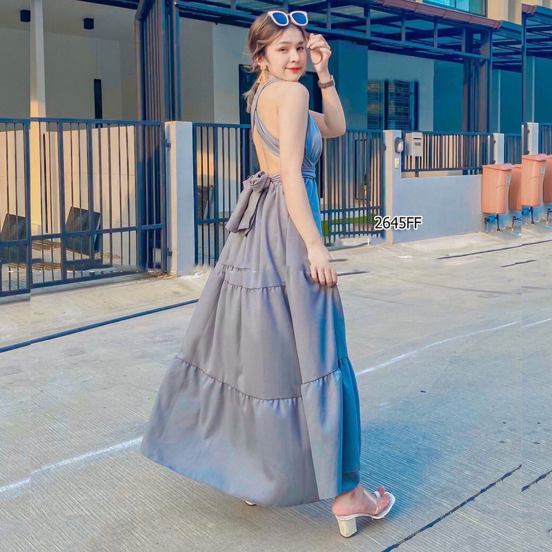 kudapy แม็กซี่เดรสสีขาว ส้มอิฐ แดง เทา เหลือง ชมพู คล้องคอผูกโบว์ ผ้าโฟร์เวย์สีพื้น เอวสม็อคหลัง งานสวยสวิงพริ้วๆ