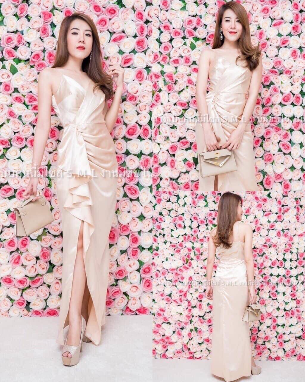 kudapy ชุดราตรียาวสายเดี่ยวจีบเอวระบาย กป.ยาวผ่าหน้า ผ้าเปเป้ไม่ยืด สีกรมท่า ,ฟ้าเทา ,น้ำตาลอิฐ,ชมพูพิ้งโกลด์,แชมเปญ,ฟ้าเข้ม,น้ำเงินสด
