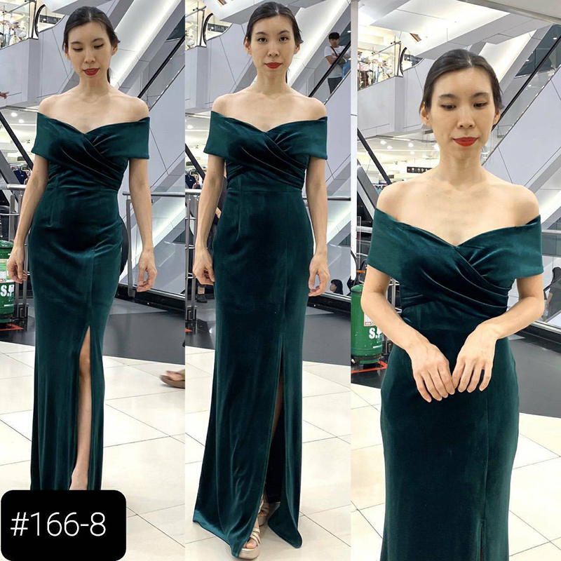 kudapy เดรสยาวสีดำ/สีน้ำเงิน/สีเขียว ผ้ากำมะหยี่ไขว้อก ทรงเปิดบ่า กระโปรงหางปลาผ่าหน้า ทรงนี้เรียบหรู