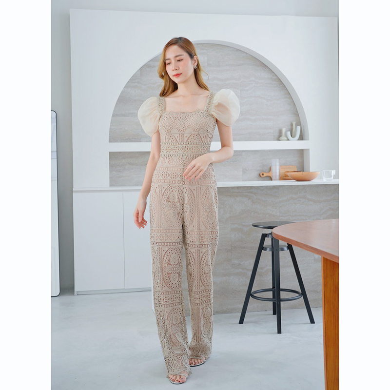 kudapy จั๊มสูทขายาวสีน้ำตาล/สีชมพู ลูกไม้แขนระบายผ้าสวยใส่สบายดูดีน่ารัก