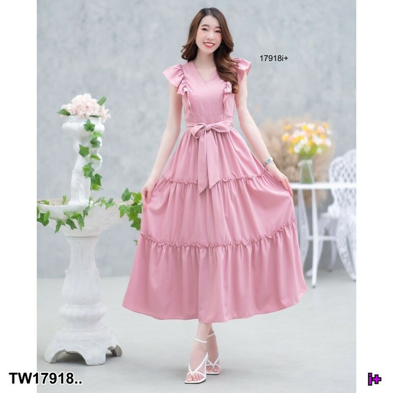 kudapy เดรสยาวสีขาว ชมพู แดง คอวีไหล่ระบาย สีพื้น มีโบว์เอว ผ้าไหมอิตาลี่ ใส่สบาย มีซับใน