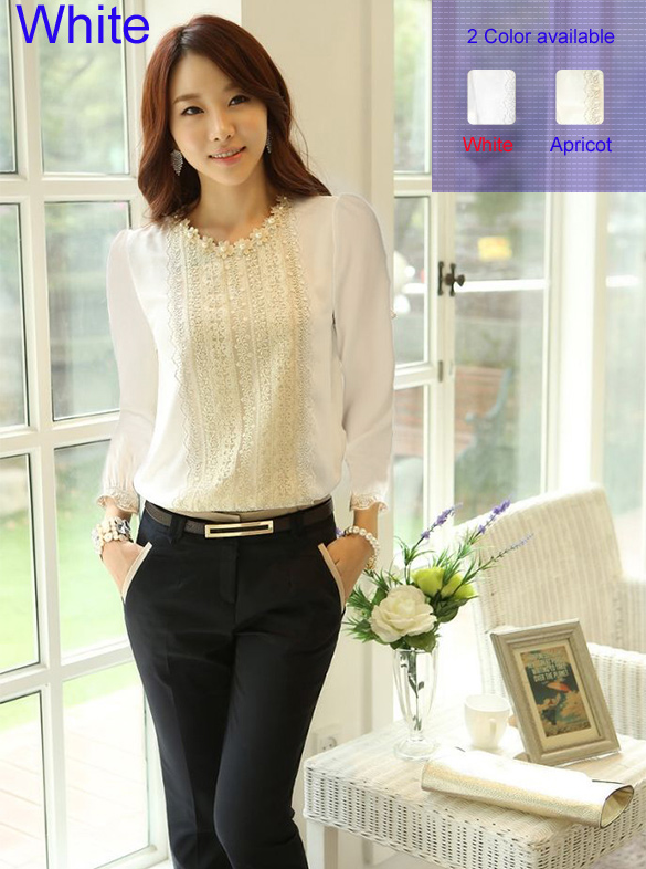 kudapy เสื้อลูกไม้สีขาว ชีฟองแขนยาว คอกลม ประดับช่วงคอและตัวเสื้อดด้วยลวดลายลูกไม้สวยเก๋