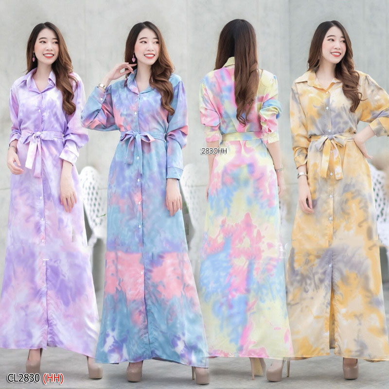 kudapy เดรสยาวสีม่วง/สีเหลือง/สีฟ้า/สีชมพู ผ้า 100D ลายมัดย้อมสีพาสเทล ผ้านิ่มทิ้งตัวใส่สบายสวยมาก
