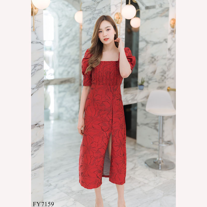 kudapy เดรสยาวสีชมพู/สีแดง/สีเหลือง ผ่าหน้าแขนตุ๊กตา สวยดูดีใส่สบาย