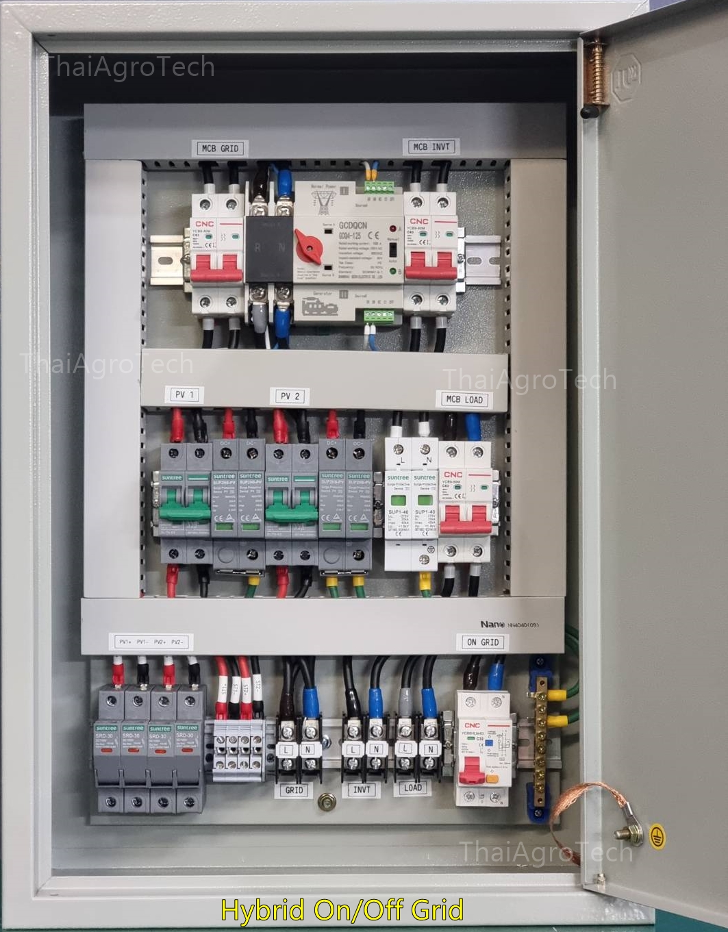 ตู้คอมบายเนอร์แบบไฮบริดออนออฟกริด 2 สตริง Hybrid On/Off-grid AC Combiner Box 2 string พร้อม สวิตซ์สลับแหล่งจ่ายไฟ อัตโนมัติ(สลับเร็ว) ระบบไฟฟ้าสำรอง ATS Automatic Dual Power Transfer Switch 2P 63A-100A