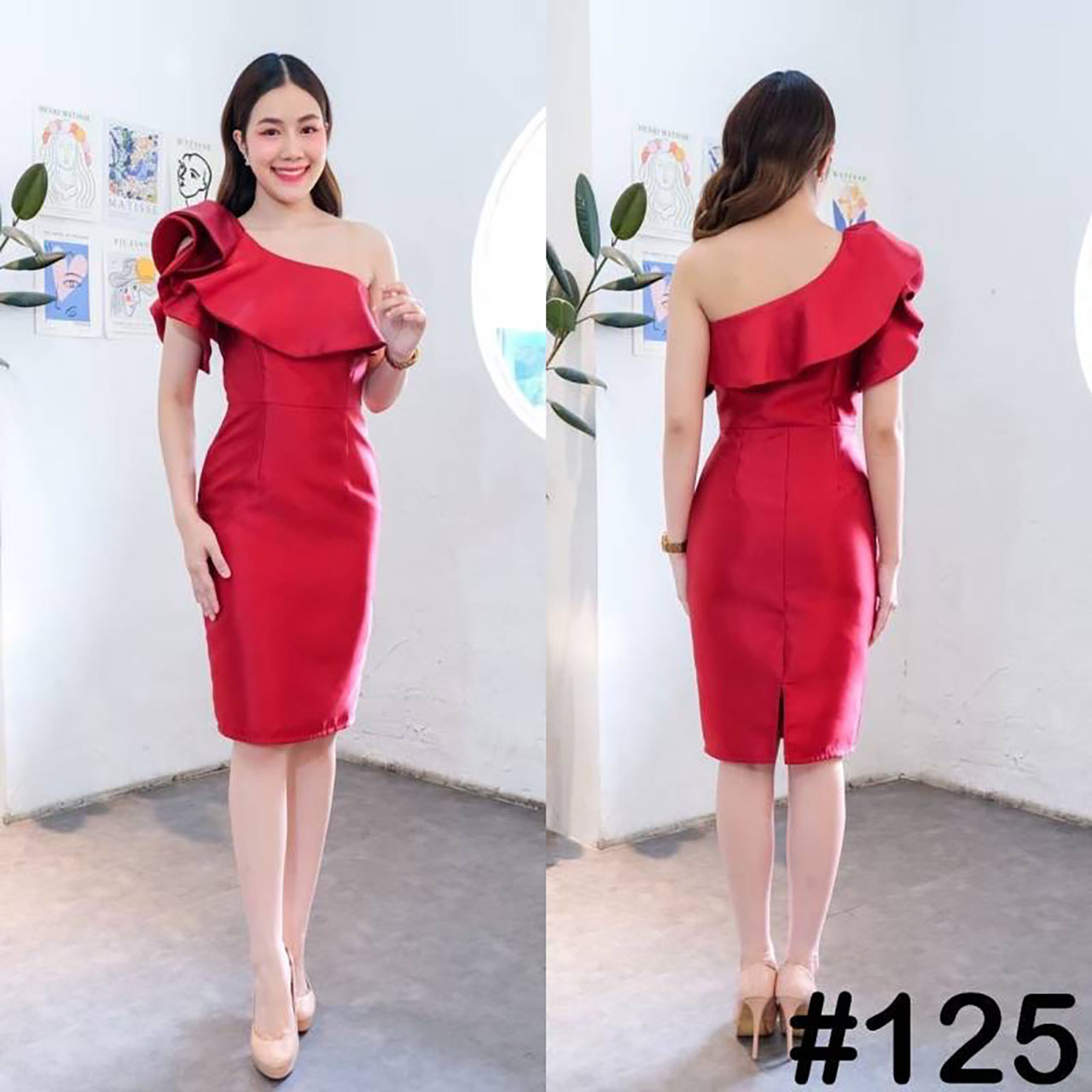 kudapy เดรสสั้นสีขียวอมเทา,ชมพู,ฟ้า,แดง,ทอง,เทา,กรม ,เขียว บ่าเดี่ยว จับเดรปแขน สองชั้น ระบายจีบช่วงอก