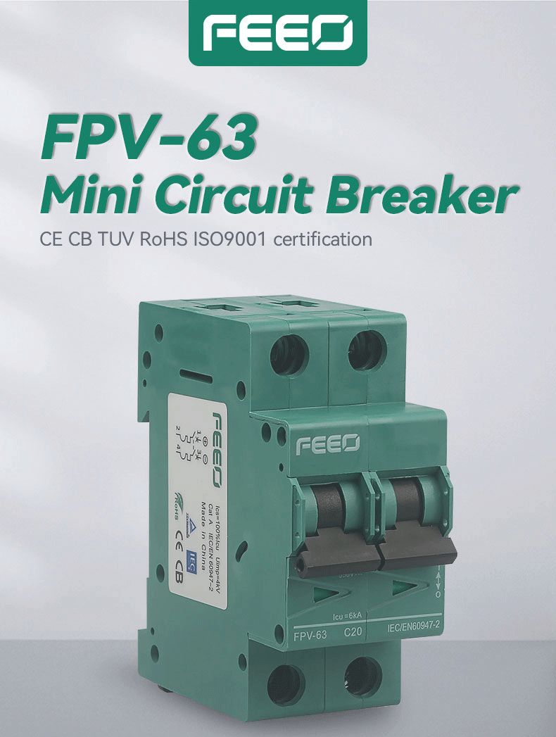 FEEO 2P DC Solar Circuit Breaker 550V 800V สำหรับงานโซล่าเซลล์ 16A 20A 25A 32A 63A FPV-63 DC MCB