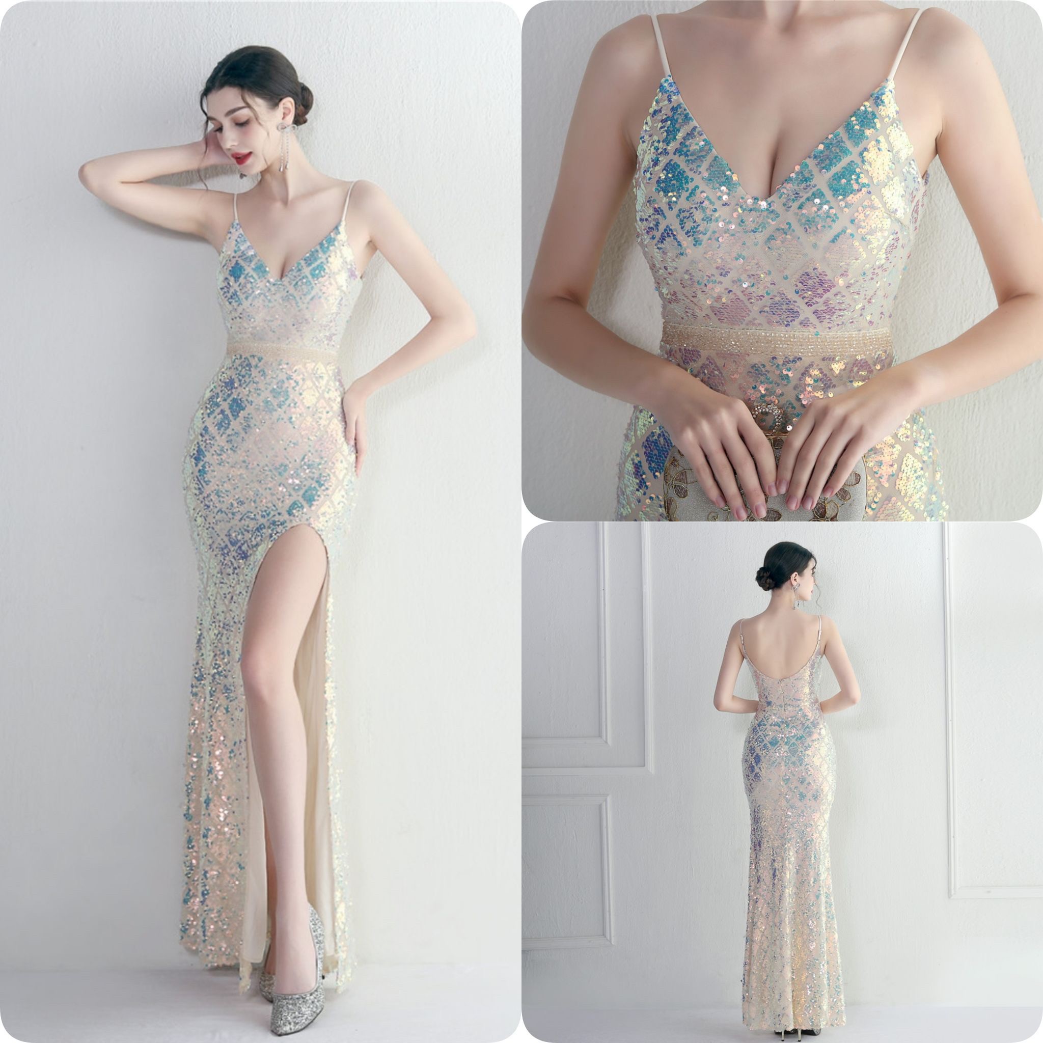 kudapy ชุดราตรีสายเดี่ยวปักเลื่อมเพชร สีทองโรสโกลด์,สีเขียวเข้ม,สีแดงเบอร์กันดี,สีทองแชมเปญ,สีขาวมุก,สีดำ,สีครีม,สีเงิน,สีม่วง