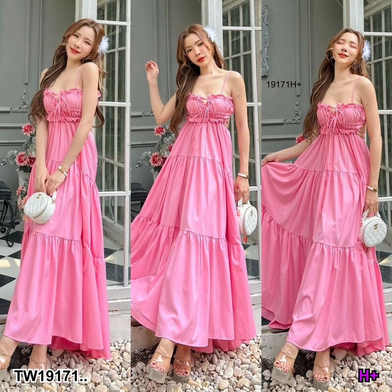 kudapy เดรสยาว สายเดี่ยว กระโปรงยาวบานละมุนละไม ตัวกระโปรงระบายต่อกันเป็นชั้นๆ