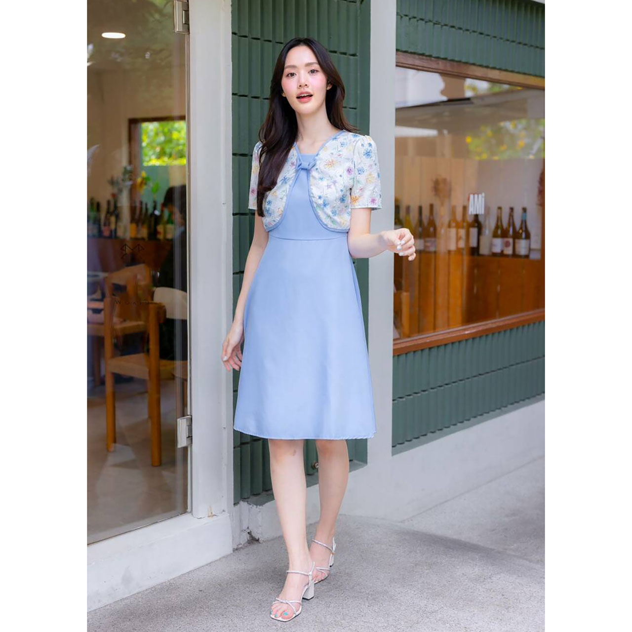 kudapy เดรสสั้นสีชมพู/สีม่วง/สีฟ้า กระโปรงบานกั๊กลายดอก