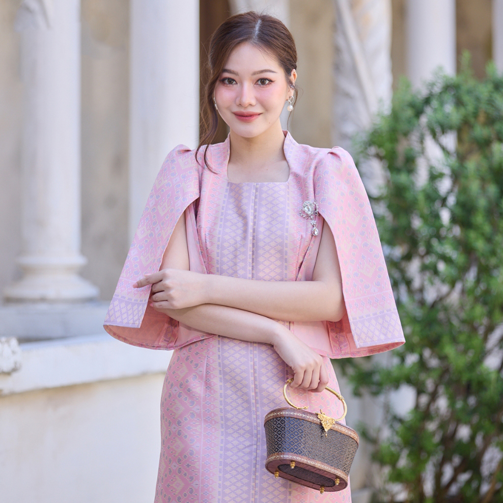 kudapy ชุดออกงานผ้าไหม ชุดเดรส นางพญาลายแพรวา ชุดออกงาน ทำงาน ปาตี้ งานเลี้ยง สีชมพู