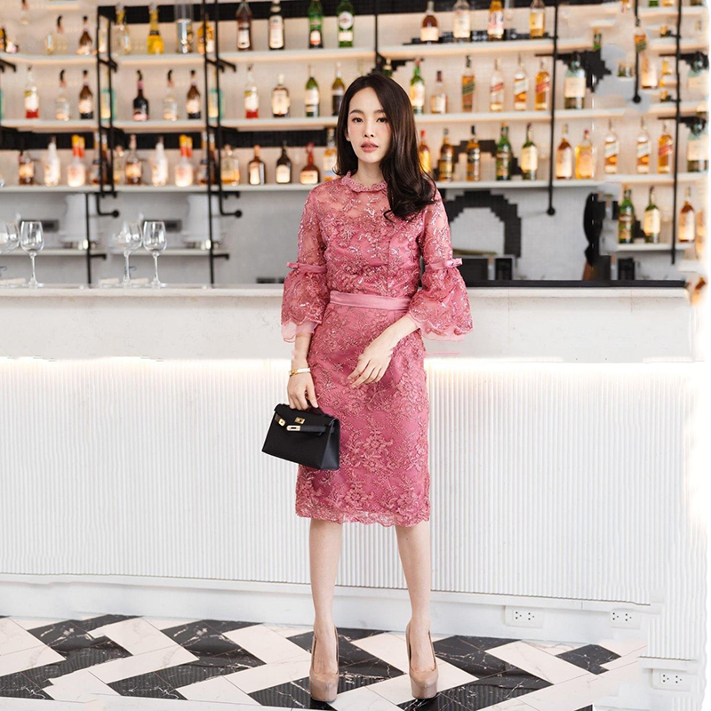 kudapy ชุดไทยประยุกต์ ชุดไปงานบวชสีชมพู/สีแดง เซตเสื้อลูกไม้