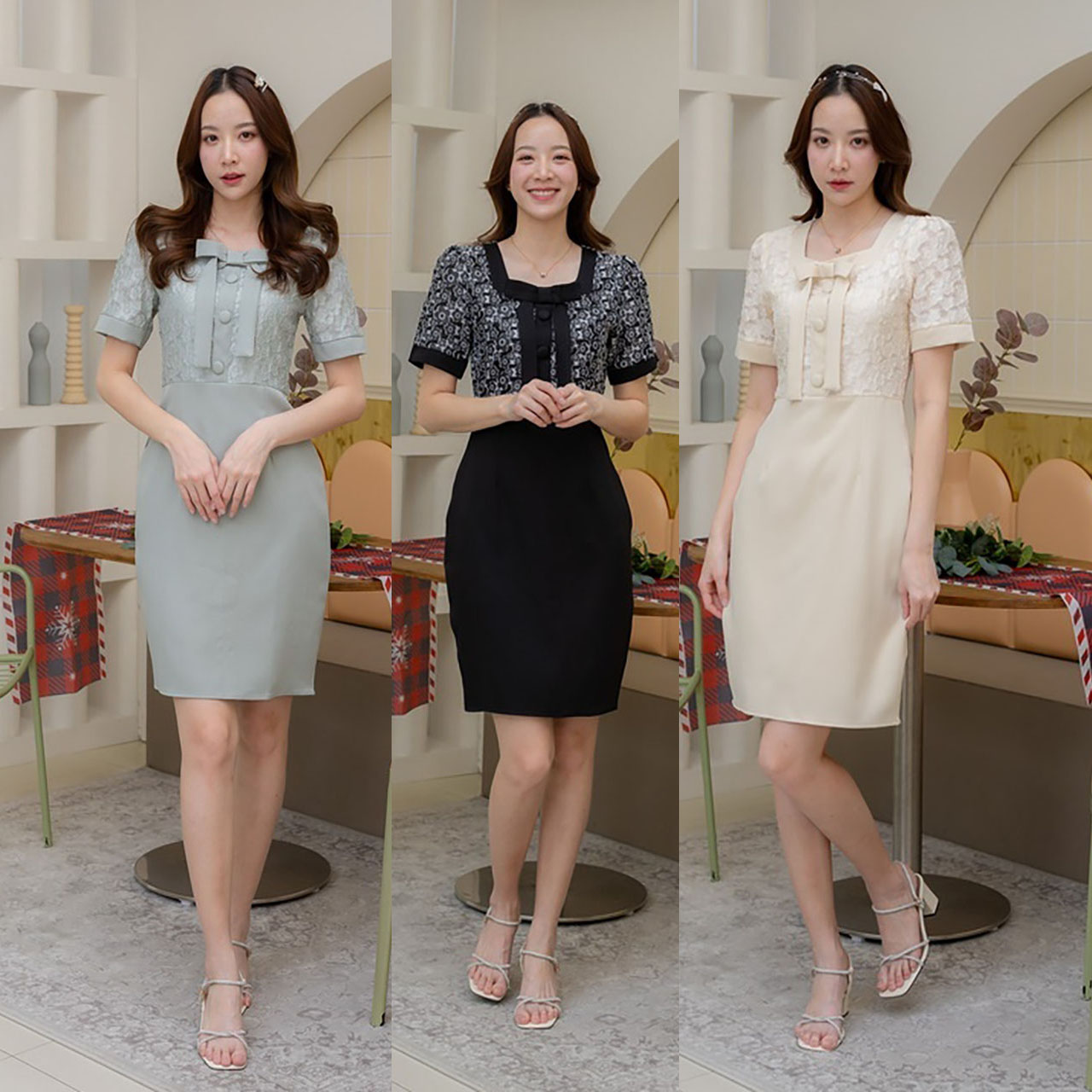 kudapy เดรสสั้นสีครีม/สีเขียว/สีดำ เเต่งเสื้อลายดอกผูกโบว์ที่คอ