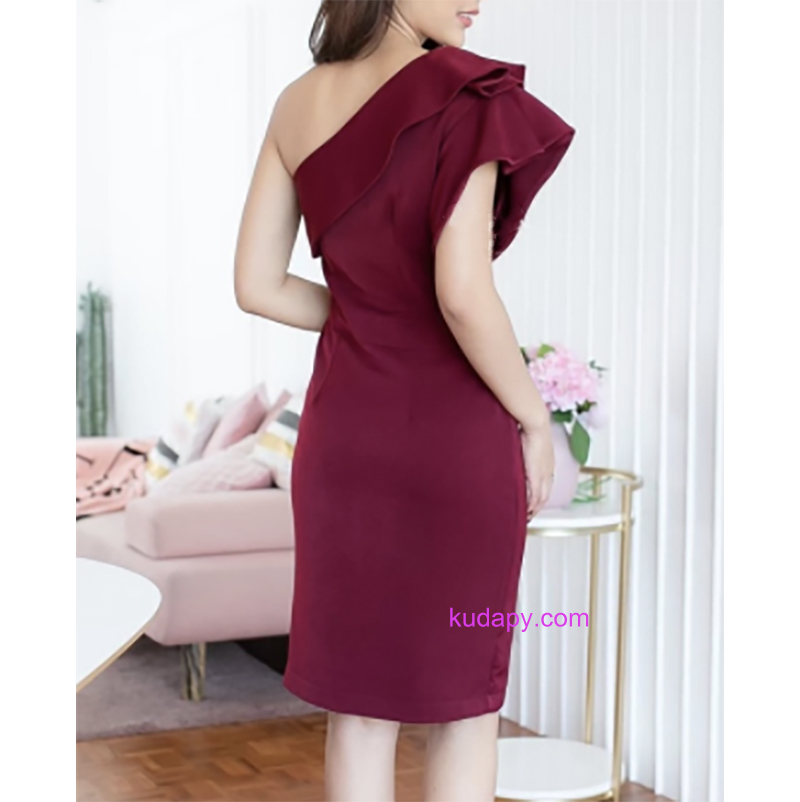 kudapy เดรสสั้นไหล่เดี่ยวสีกรมท่า,สีแดงไวน์ ,สีโอรส,สีฟ้า ผ้าฮานาโกะ เดรสสั้นออกงาน
