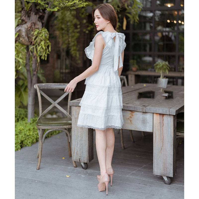 kudapy เดรสสั้นแขนกุด สีฟ้า ผ้าฉลุเกาหลีโบว์หลัง