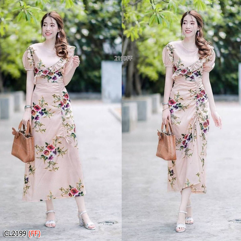 kudapy เดรสยาวสีชมพู กรม ครีม ขาว แดงผ้าวูลพีชพิมพ์ลายดอกกุหลาบ แขนบาบี้ปลายแขนจั้มยาง