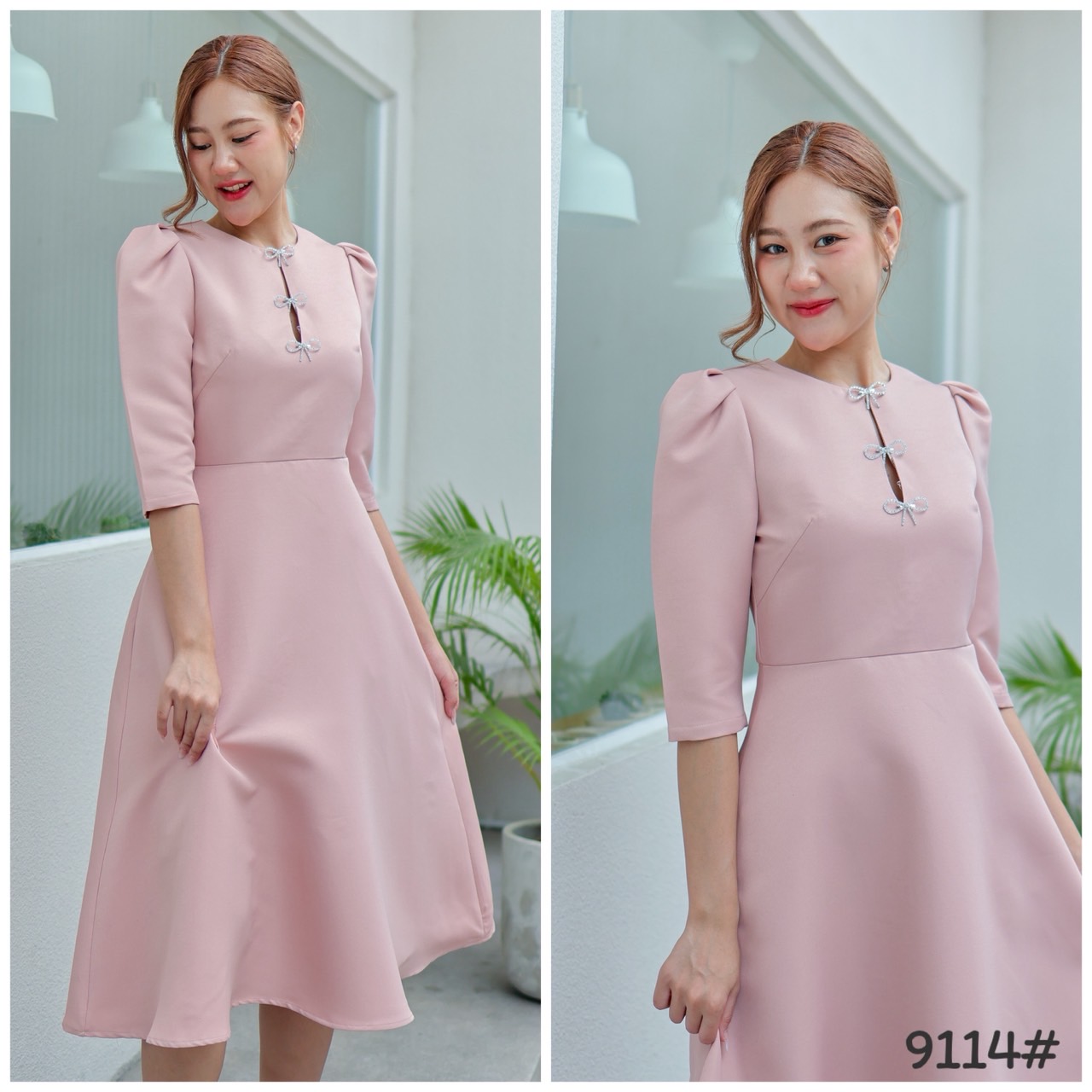 kudapy เดรสสัน ออกงาน ทรงสุภาพ มีเข็มกลัด3ชิ้น คัตติ้งเริศแบบอลัง เข้ารูป เก็บทรง กระโปรงบาน