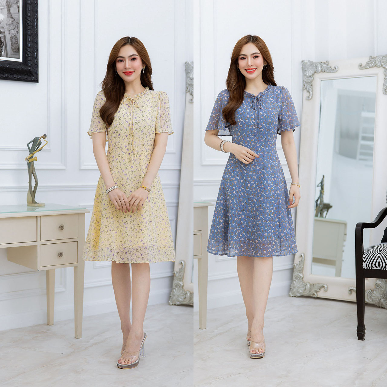 kudapy เดรสสั้นสีฟ้า/สีเหลือง ผ้าชีฟองแขนระบายสวยพริ้ว มีดีเทลคอจีบผูกโบว์ ผ้าลายดอกเล็กน่ารัก