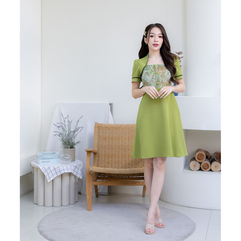 kudapy เดรสสั้นสีเขียว/สีฟ้า/สีแดง ทรงบานอกผ้าทอ ใส่สบายสวยดูดี