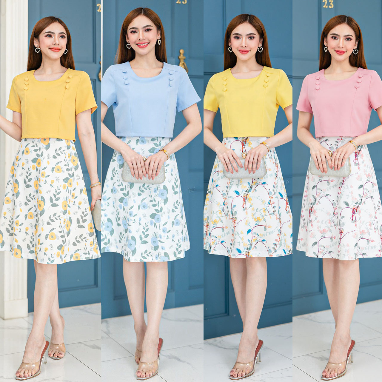 kudapy เดรสผ้าโพลีเอสเตอร์ กั๊กแต่งกระดุม กระโปรงทรงเอลายดอกไม้ ทรงสวยมากๆ มีซิปซ่อนหลังและซับใน