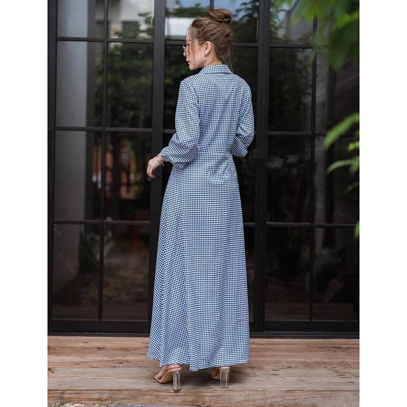 kudapy แม็กซี่เดรสสีฟ้าลายสก้อต เชิ๊ตคอปก แขนยาวกระดุมหน้า มาพร้อมเข็มขัดตามแบบ