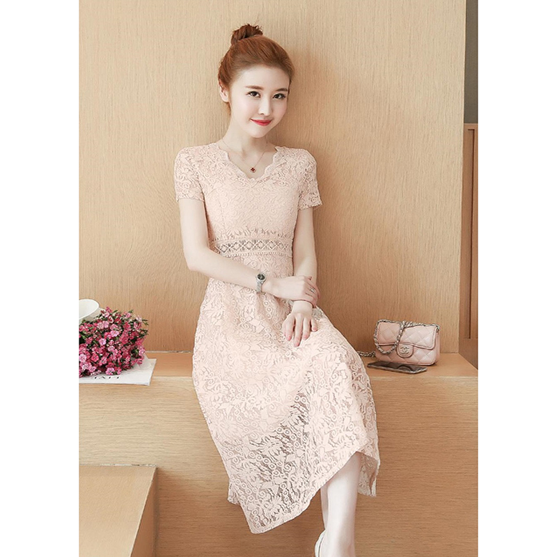 kudapy เดรสสั้นสีม่วง/สีแอปริคอท ลูกไม้คอหยัก สีหวาน แต่งซีทรูลูกไม้ถักช่วงเอว มีซิปซ่อนด้านหลัง มีซับใน ใส่ออกงานได้