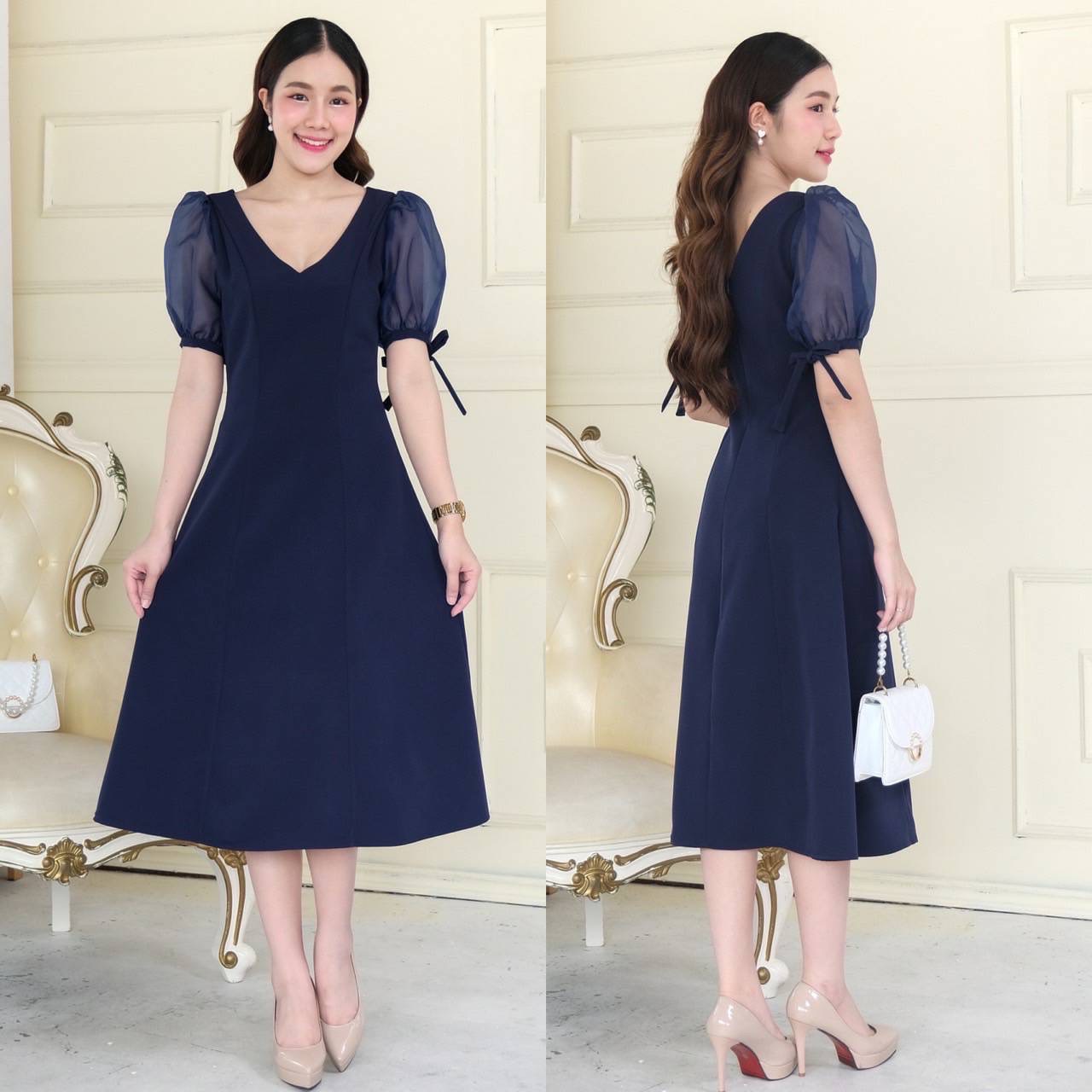 kudapy เดรสสั้นสีฟ้าอมเทา/สีกรมท่า ไปงานคอวี แขนตุ๊กตาผ้าแก้ว แต่งโบว์แขนเล็ เอวสูง ชายปล่อบทรง