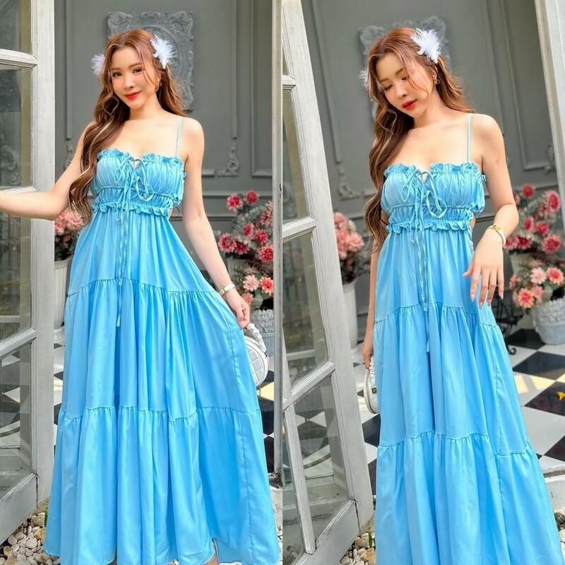 kudapy เดรสยาว สายเดี่ยว กระโปรงยาวบานละมุนละไม ตัวกระโปรงระบายต่อกันเป็นชั้นๆ