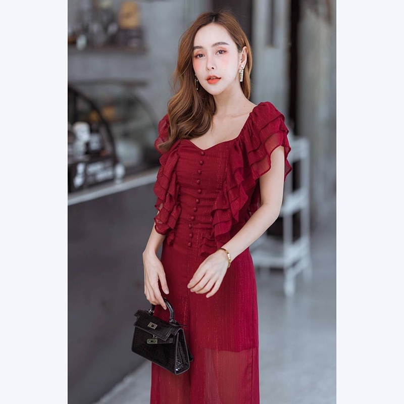 kudapy จั๊มสูทขายาวผ้าวิ๊งๆ แพทเทิ่นระบายช่วงแขนระบาย เนื้อผ้าใส่สบายๆ