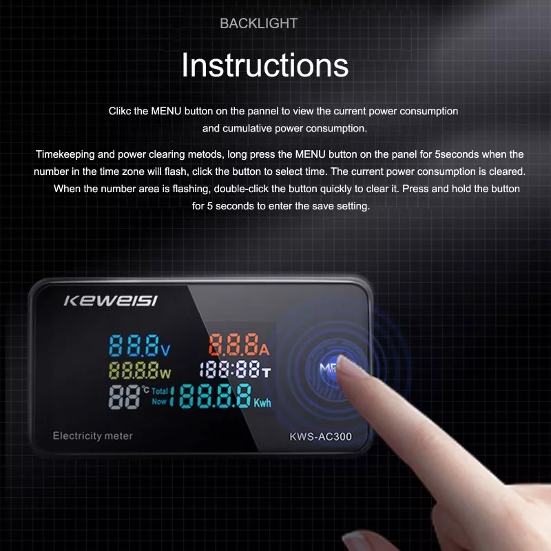 KEWEISI,KWS-AC300 Digital Voltmeter AC 50-300V Voltage 45-65Hz Power Energy Meter LED Wattmeter เครื่องมือวัด กำลังงาน กระแส แรงดัน สำหรับไฟฟ้ากระแสสลับ พร้อมเซนเซอร์วัดอุณหภูมิ