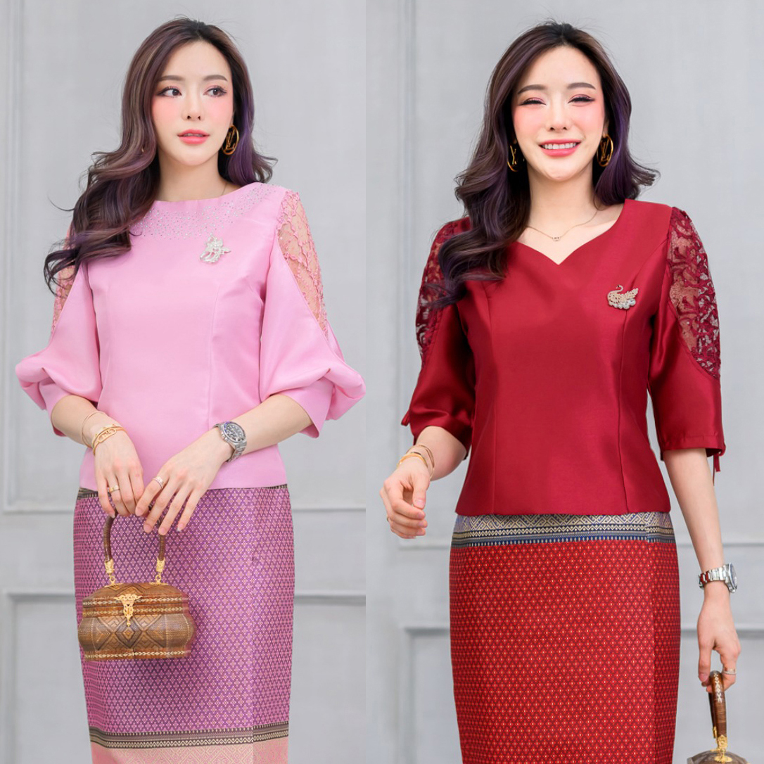 kudapy เซต2 ชิ้น เสื้อลูกไม้แขนยาวสีชมพู/สีแดง แขนพองยาวสามส่วน แต่งซีทรู ลูกไม้สามมิติ เอวเก็บทรงสวยมากค่ะ (ซื้อแยกชิ้นได้ค่ะ)