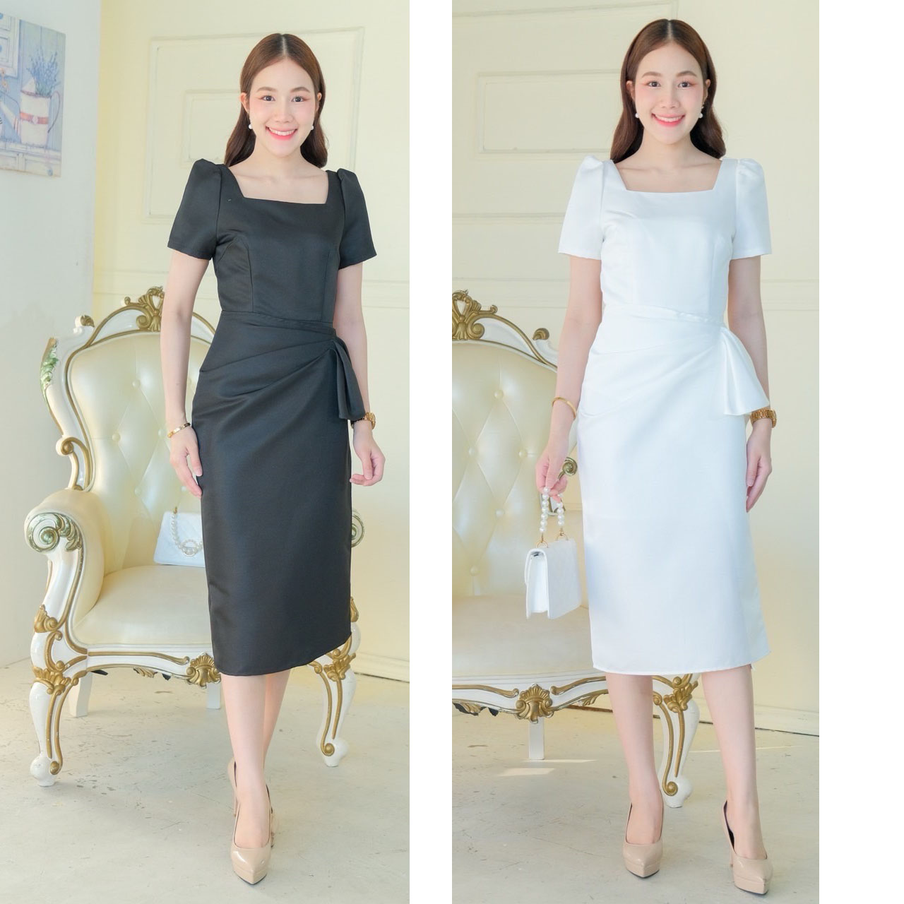 kudapy เดรสสั้นสีดำ/สีขาว คอเหลี่ยม แขนสั้น จีบยกบ่าตั้ง กระโปรงสอบจับจีบข้างสะโพก ผ่าข้าง