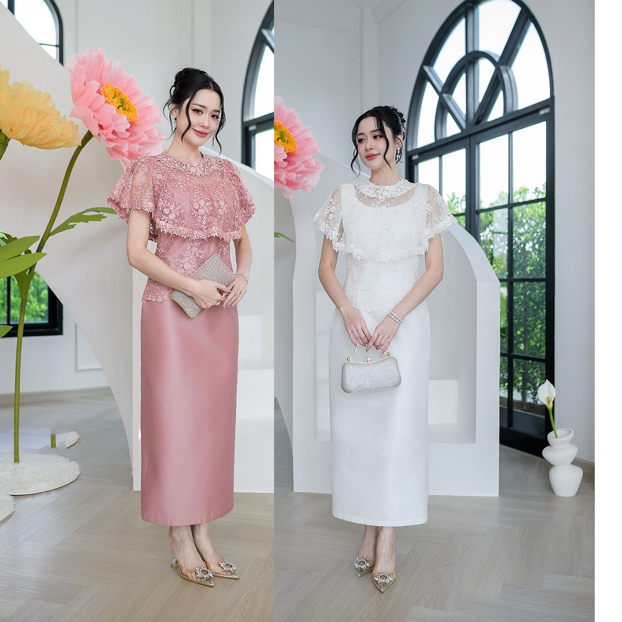 kudapy เดรสยาวลูกไม้ผ้าไหมคลุมไหล่ระบาย แต่งรอบคอด้วยลูกไม้สวยหรู กระโปรงเป็นงานผ้าไหมญี่ปุ่น