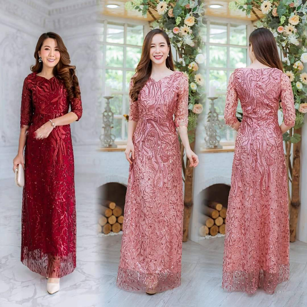 kudapy ชุดราตรียาวปักกริสเตอร์ สีชมพู/สีแดงไวน์ เดรสยาว คอวี แขน 3 ส่วน ใส่ออกงาน ลูกไม้พรีเมี่ยมทอแน่น งานสวยมากค่ะ