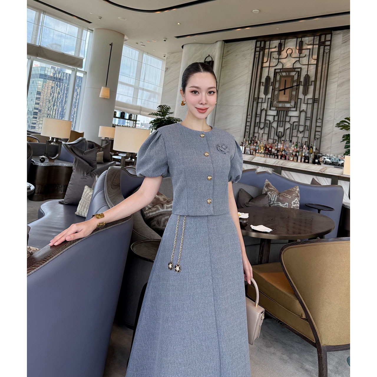 kudapy เซ็ทเสื้อแขนตุ้กตา เสื้อ กระโปรงเอวสูง เข็มกลัดดอกไม้ เข็มขัดโซ่