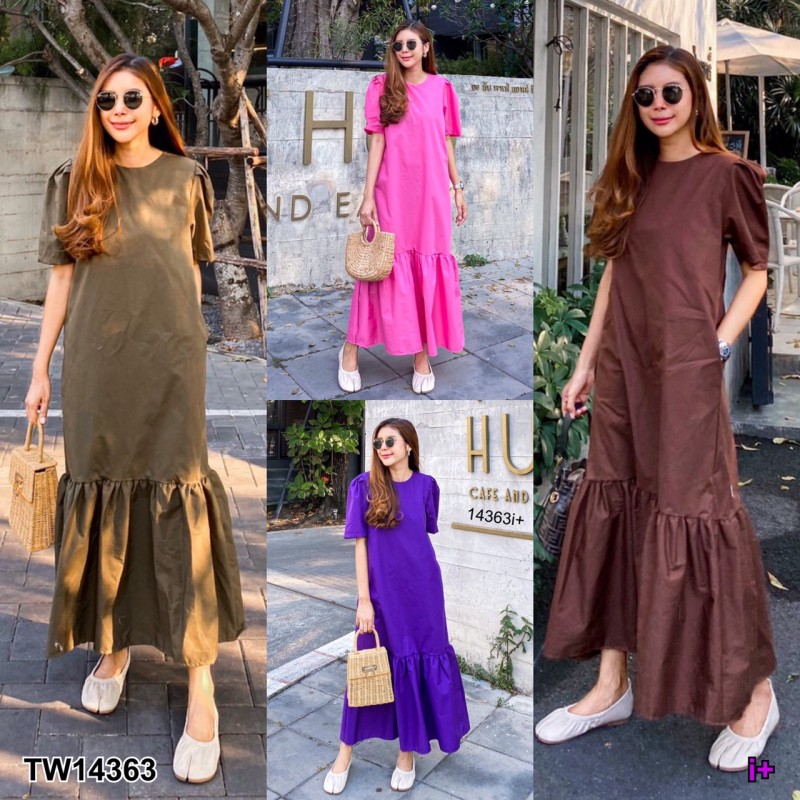 kudapy Dress เดรสยาว คอกลม แขนสั้นจับจีบแขน เย็บรูดชายหนึ่งชั้น มีกระเป๋าข้างสองข้าง