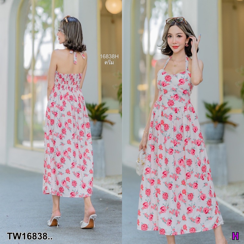 kudapy เดรสยาวไปทะเล ปรับสายได้ ผ้าไหมเกาหลี ลายดอกไม้ สวย หวาน ใส่ยางสม็อคเต็มหลังหลัง มีบลาฟองน้ำ