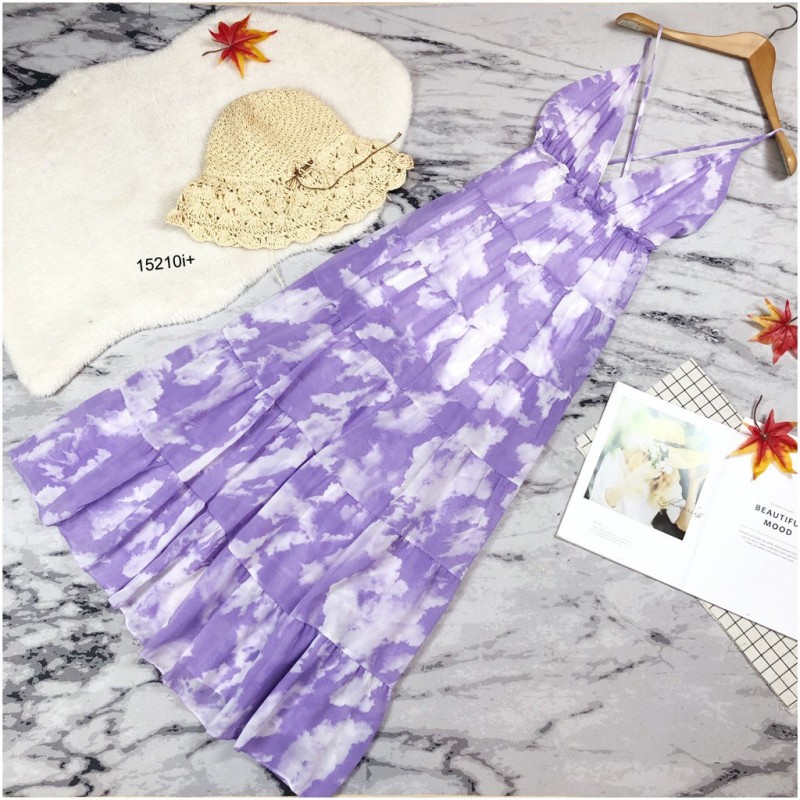 kudapy แม็กซี่เดรสชี่ฟองสายเดี่ยวสีม่วง สีชมพู ไขว้กากบาทหลัง มีซับใน ใส่เที่ยวทะเล