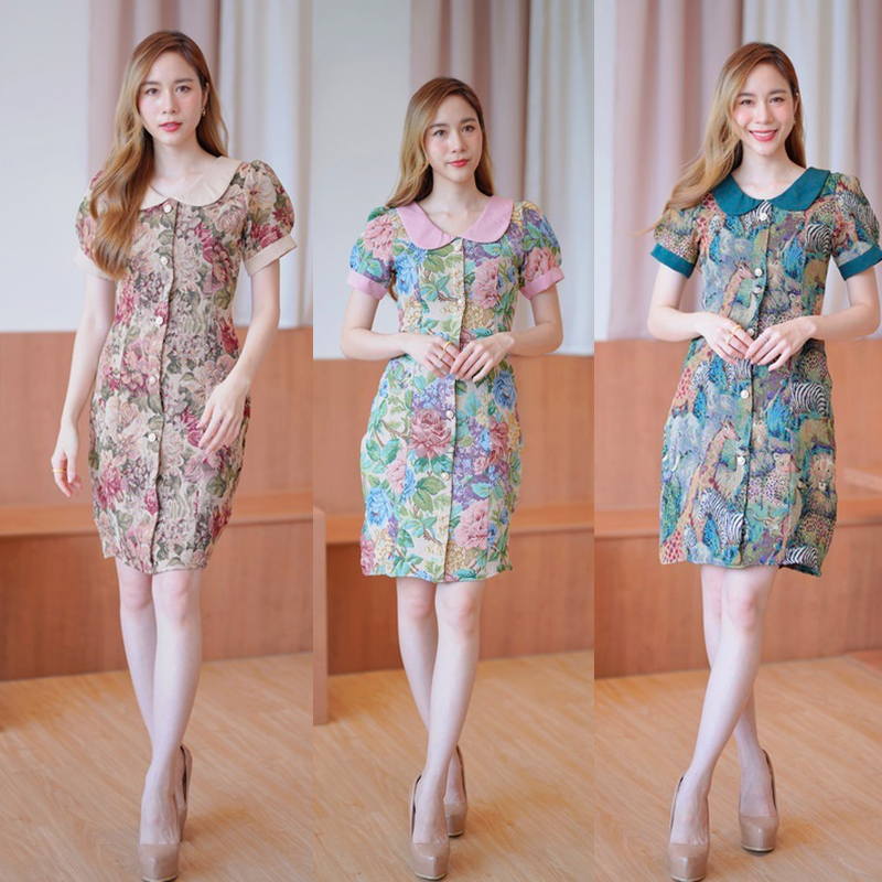 kudapy เดรสสั้นสีชมพู/สีเขียว/สีครีม คอบัวลูกไม้ผ้าทอ