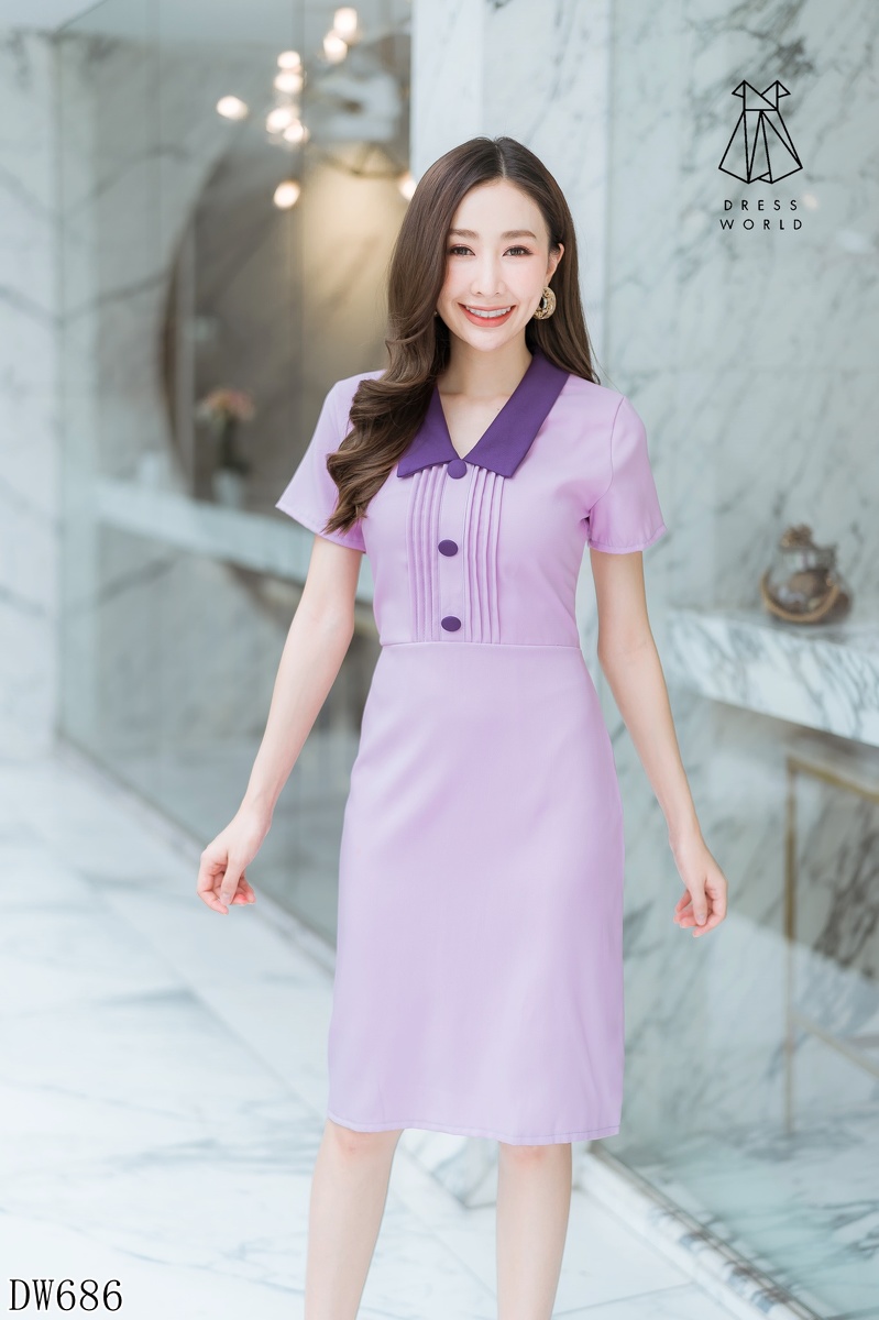 kudapy เดรสสั้นสีชมพู,ม่วง,สีเขียว คอปกจีบอกเนื้อผ้าดีใส่สบาย