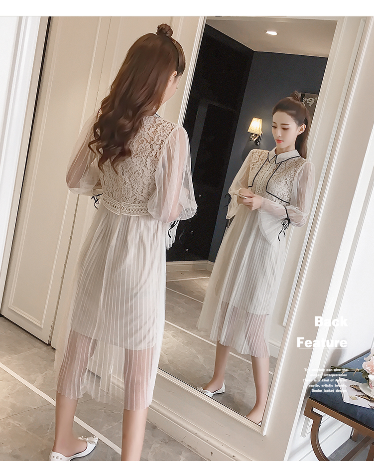 kudapy เดรสตัวเสื้อผ้าลูกไม้สีครีม คอปก แต่งหน้าอก L