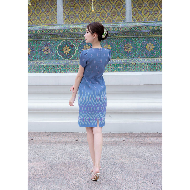 kudapy เดรสสั้นสีฟ้า/สีครีม/สีชมพู ผ้าทอแขนกลีบบัว ผ้าลายไทย ใส่ออกงานสวยดูดี