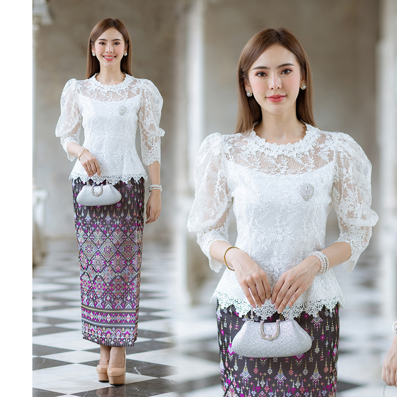 kudapy (เฉพาะเสื้อ) เสื้อลูกไม้แขนพองสีเขียว/สีขาว/สีชมพู คอกลม แขนสามส่วน ผ้าลูกไม้ใยบวบเนื้อดีลายลูกไม้แน่นทั้งตัว ตัวเสื้อมาพร้อมซับในเนื้อดีในตัว