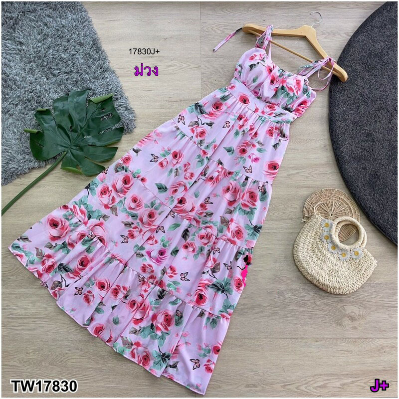 kudapy Maxi dress ลายดอกกุหลาบ เดรสยาวผูกไหล่ แต่งย่นช่วงหน้าอก ด้านหลังสม๊อค