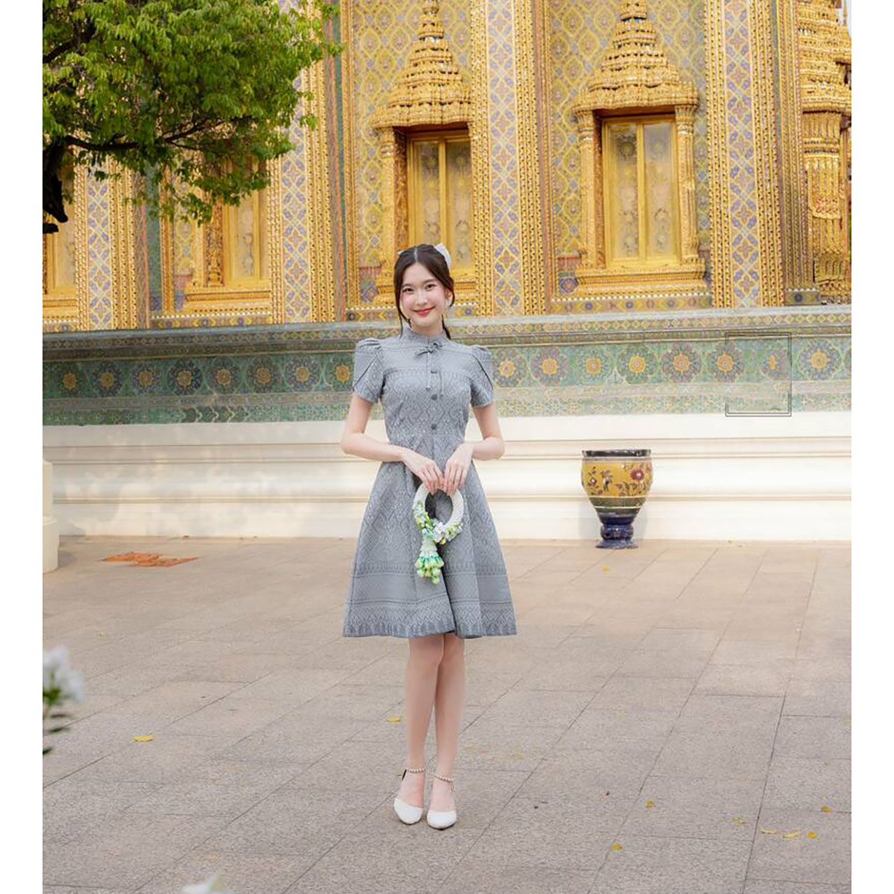 kudapy เดรสสั้นสีม่วง/สีเทา/สีเหลือง เดรสไทยทรงบานแขนกลีบบัว