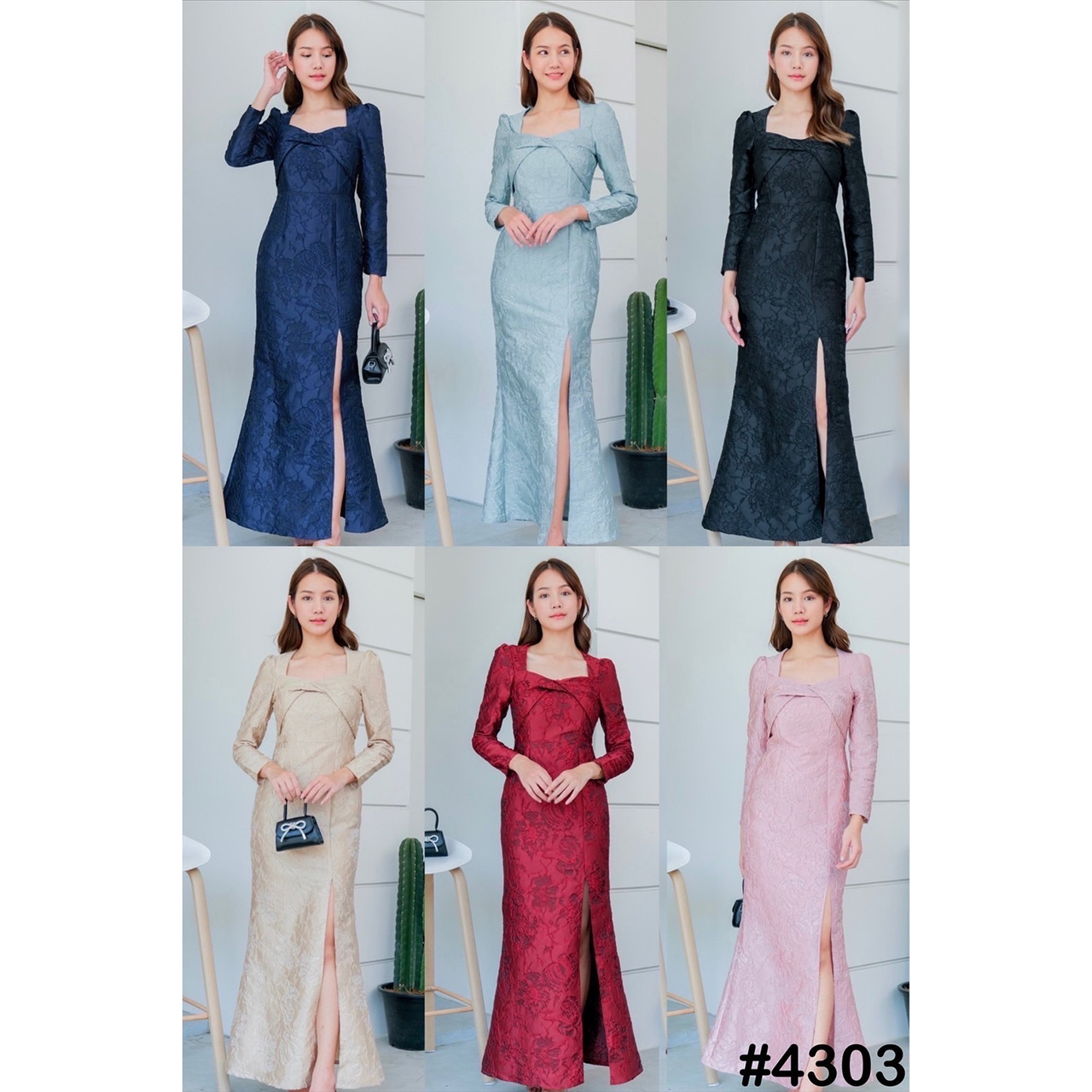 kudapy เดรสยาวสีดำ/สีแดง/สีชมพู/สีทอง/สีฟ้า/สีกรม คอเหลี่ยม ดีไซส์ทวิสอกแขนยาว กระโปรงทรงหางปลา ซิบหลังเนื้อผ้าทอลายนูน
