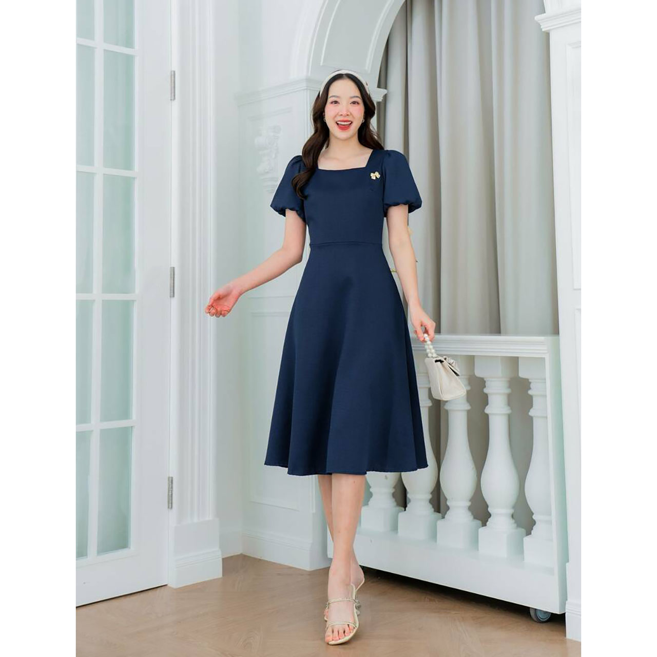 kudapy เดรสสั้นสีเหลือง/สีฟ้า/สีกรม แขนตุ๊กตากระโปรงบาน