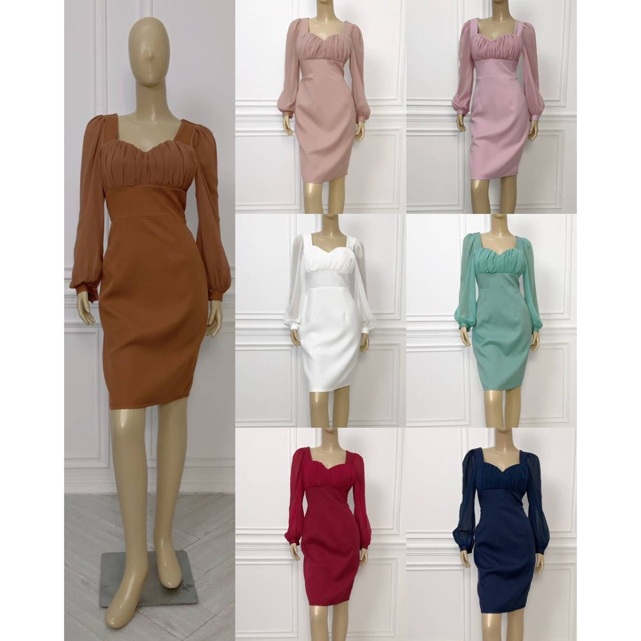 kudapy เดรสสั้นสีแดงไวน์/สีขาว/สีชมพู/สีโอวัลติน/สีน้ำตาลอิฐ/สีกรม/สีเขียวมิ้นท์ แขนยาวชีฟอง ผ้ามอสเครปหนา