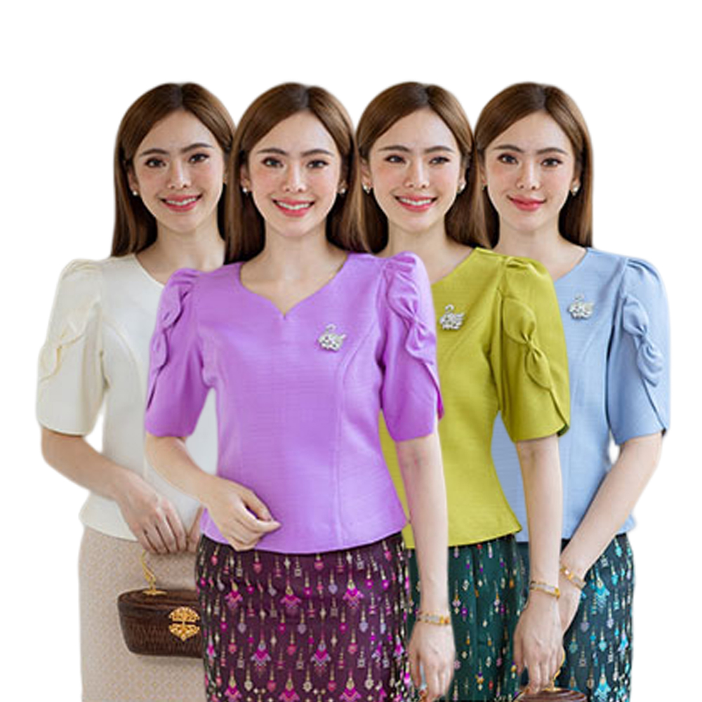 kudapy เสื้อออกงานสีขาว/สีม่วง/สีเขียวอมเหลือง/สีฟ้า งานผ้าไหมฝรั่งเศสสีพื้น อัดกาวให้ทั้งตัว ทรงสวยตามแบบ การตัดเย็บเนียบ ทรงสวย ใส่สวยทุกรูปร่าง