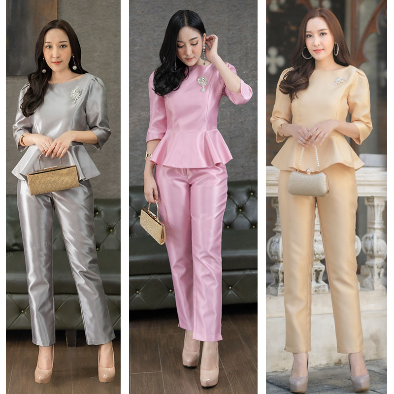 kudapy งานเซ็ต 2ชิ้น สีทอง /สีชมพูกลีบบัว / สีเทา (เสื้อ+กางเกง) ชุดผ้าไหมญี่ปุ่นเนื้อทราย เนื้อผ้ามันเงา แขนทรงกระบอกสามส่วน